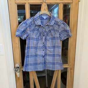 Denver Hayes Cottagecore Women’s Blue Plaid Button Down Shirt